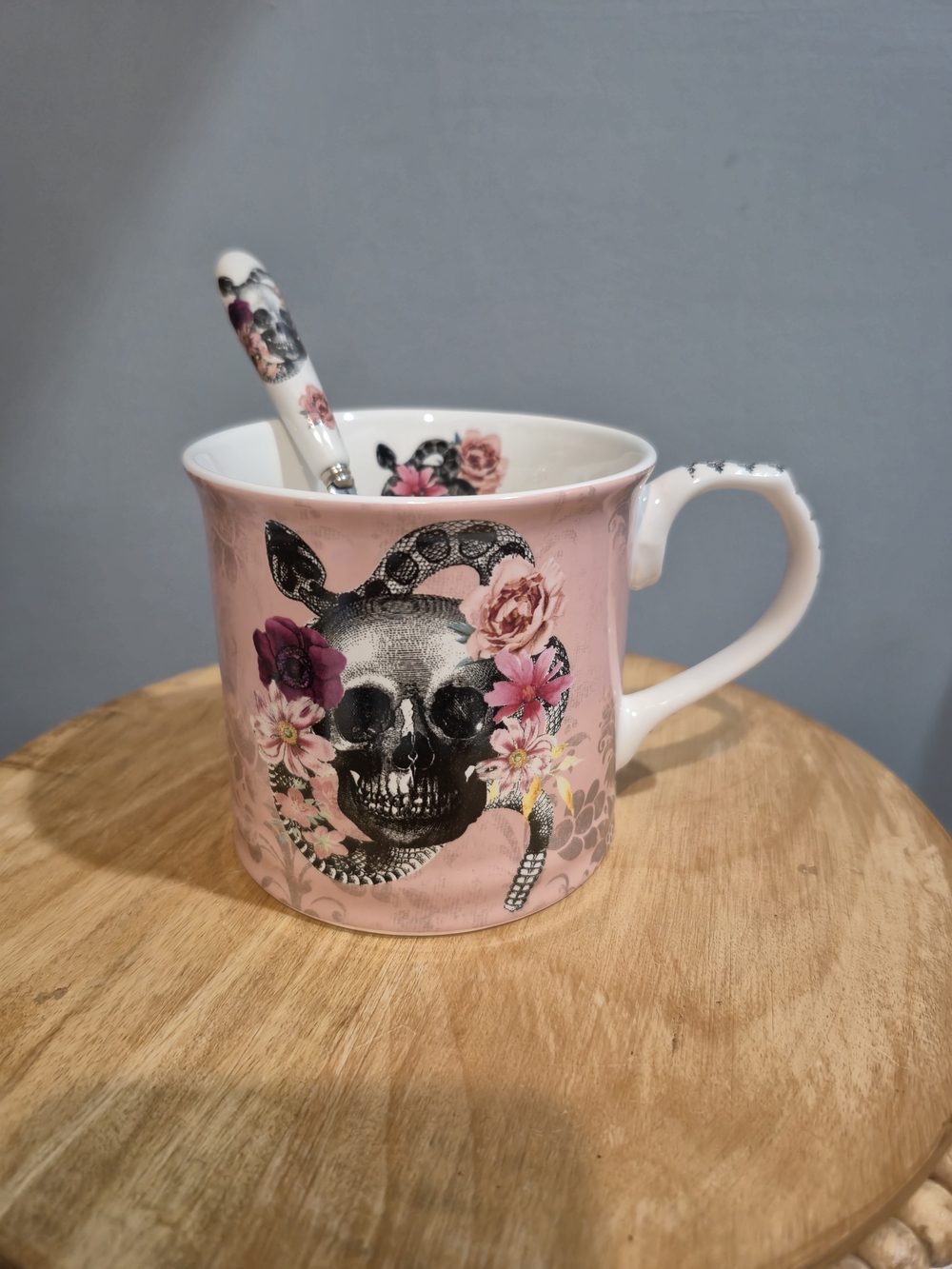 Bluebird & Willow Co. Pink Gothic Skull & Snake Bone China Mug & Spoon Set
